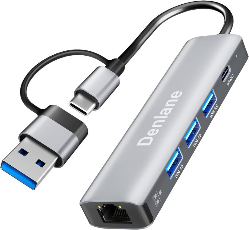 Denlane محول USB C USB 3.0 إلى إيثرنت، 5 في 2 محور إيثرنت USB جيجابت للكمبيوتر المحمول مع 4 منافذ USB-A 3.0 و USBC، محول شبكة RJ45 LAN بسرعة 1000 ميجابت في الثانية متوافق مع MacBook/iPad Pro/الهاتف/اللوحي - Image 1